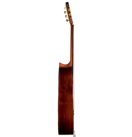 The side of a 2001 Ignacio Rozas classical guitar made of cedar and CSA rosewood