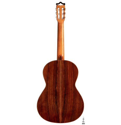 The back of a 1990 Ignacio Rozas "Double Top" classical guitar made of spruce and CSA rosewood