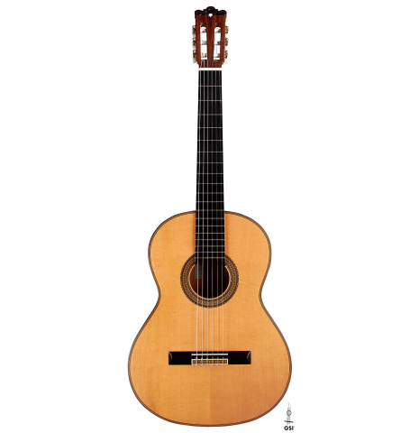 The front of a 1990 Ignacio Rozas &quot;Double Top&quot; classical guitar made of spruce and CSA rosewood