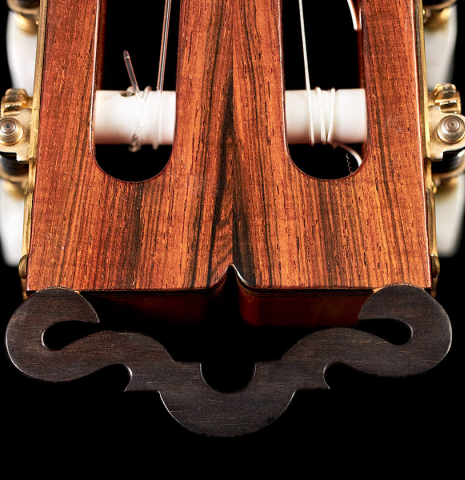 Close up of headstock of a 1990 Ignacio Rozas "Double Top" classical guitar made of spruce and CSA rosewood