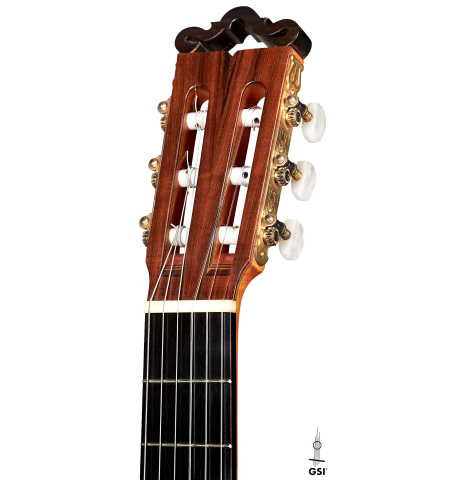The headstock of a 1990 Ignacio Rozas "Double Top" classical guitar made of spruce and CSA rosewood