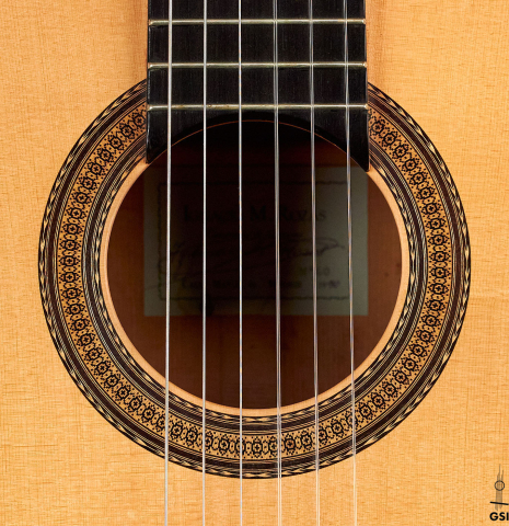 The rosette of a 1990 Ignacio Rozas &quot;Double Top&quot; classical guitar made of spruce and CSA rosewood