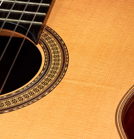 Close up of the top and rosette of a 1990 Ignacio Rozas "Double Top" classical guitar made of spruce and CSA rosewood