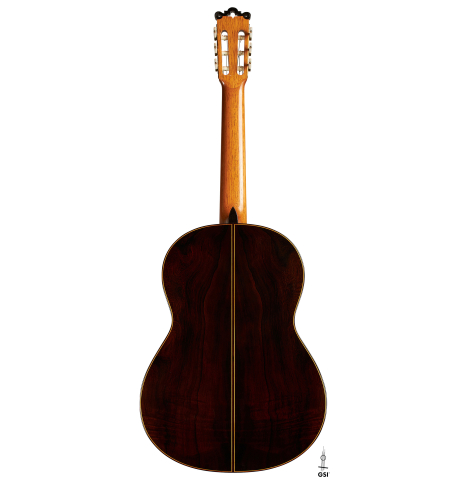 The back of a 2008 Ignacio Rozas "640" classical guitar made of cedar and CSA rosewood