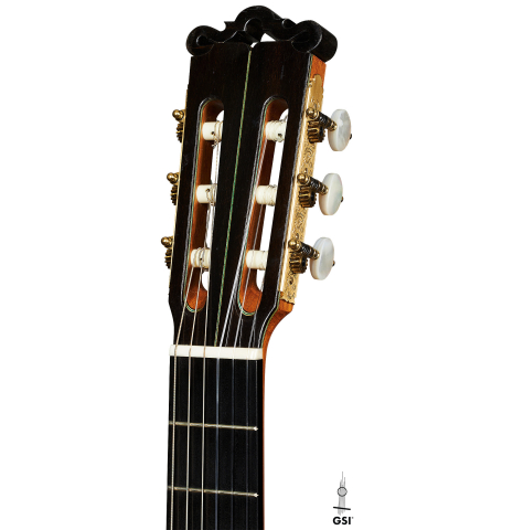 The headstock of a 2008 Ignacio Rozas "640" classical guitar made of cedar and CSA rosewood