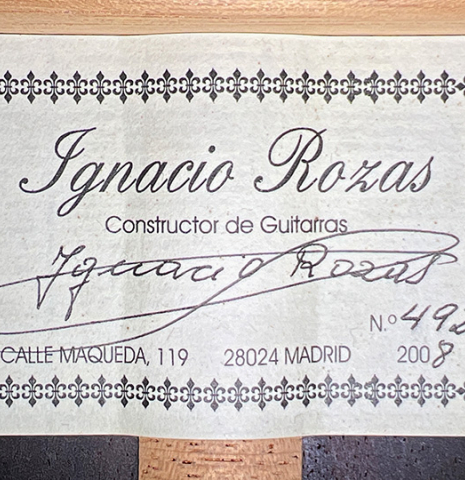 The label of a 2008 Ignacio Rozas "640" classical guitar made of cedar and CSA rosewood