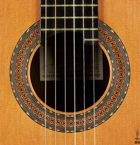 The rosette of a 2008 Ignacio Rozas "640" classical guitar made of cedar and CSA rosewood