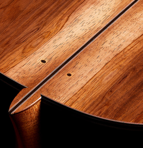 The heel, back binding and purflings of a 2024 Jochen Rothel classical guitar made with spruce top and CSA rosewood back and sides