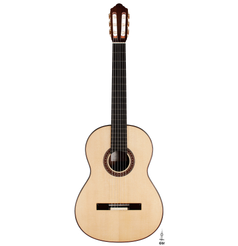 The front of a 2024 Jochen Rothel classical guitar made with spruce top and CSA rosewood back and sides