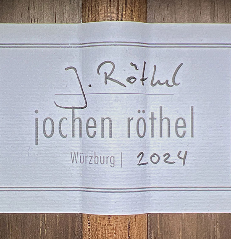 The label of a 2024 Jochen Rothel classical guitar made with spruce top and CSA rosewood back and sides