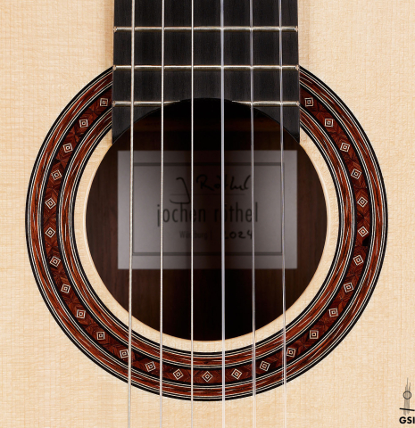 The rosette of a 2024 Jochen Rothel classical guitar made with spruce top and CSA rosewood back and sides