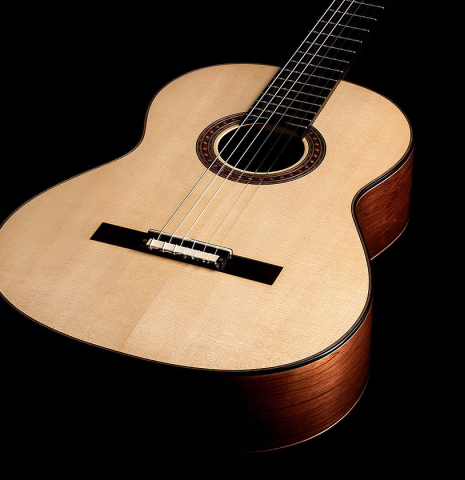 The soundboard of a 2024 Jochen Rothel classical guitar made with spruce top and CSA rosewood back and sides
