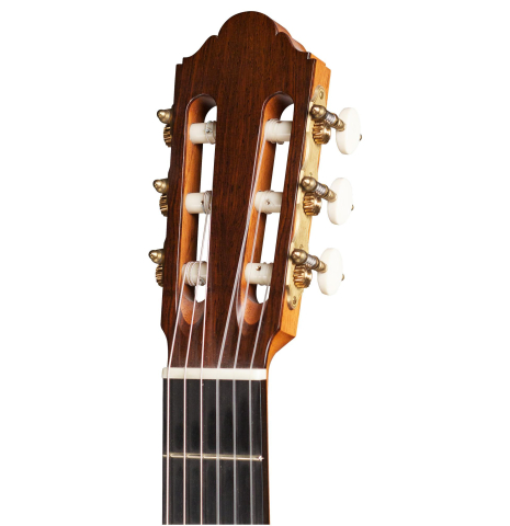 The headstock of a 2007 Jochen Rothel classical guitar made of spruce and maple