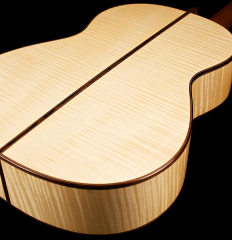 The back and sides of a 2007 Jochen Rothel classical guitar made of spruce and maple
