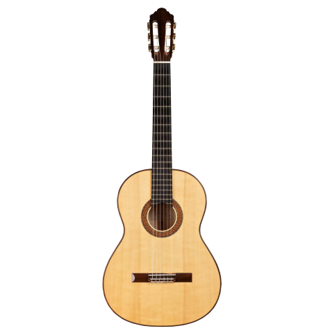 The front of a 2007 Jochen Rothel classical guitar made of spruce and maple