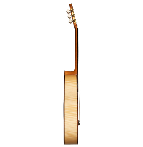 The side of a 2007 Jochen Rothel classical guitar made of spruce and maple