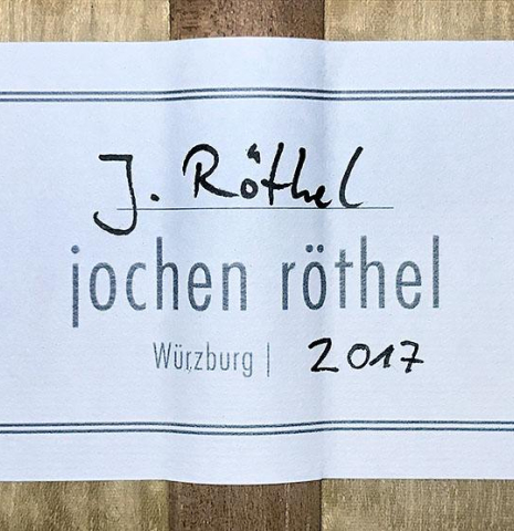 The label of a 2017 Jochen Rothel classical guitar made with cedar and satinwood
