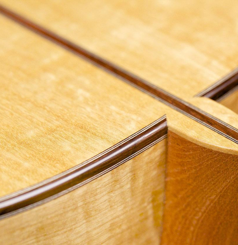 The back and heel of a 2017 Jochen Rothel classical guitar made with cedar and satinwood
