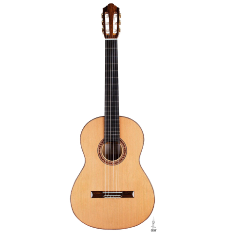 The front of a 2017 Jochen Rothel classical guitar made with cedar and satinwood