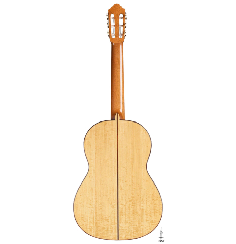 The back of a 2017 Jochen Rothel classical guitar made with cedar and satinwood