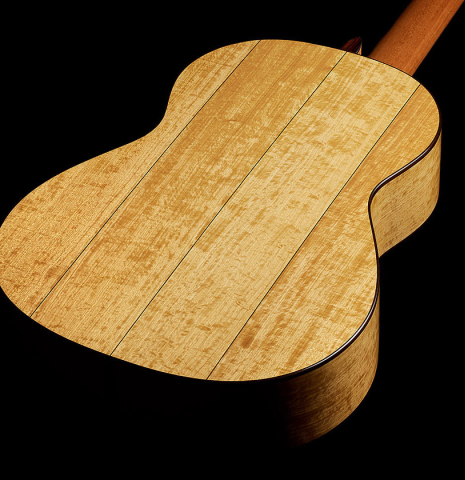 The back sides of a 2025 Jochen Rothel classical guitar made of cedar and satinwood