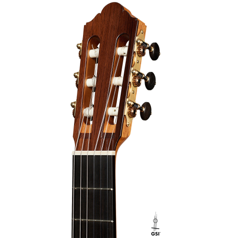 The headstock of a 2025 Jochen Rothel classical guitar made of cedar and satinwood