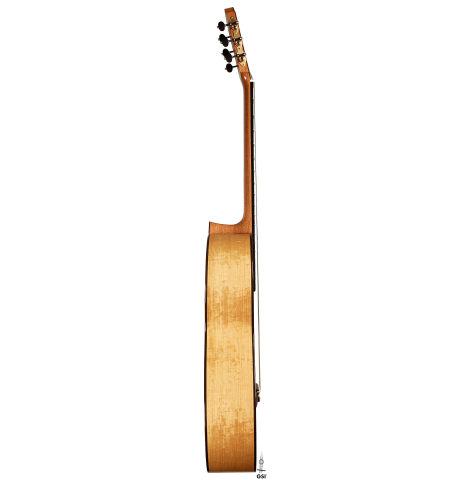 The side of a 2025 Jochen Rothel classical guitar made of cedar and satinwood