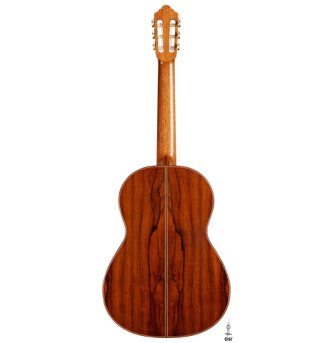 The back of a 2010 Jochen Rothel classical guitar made of spruce and African rosewood