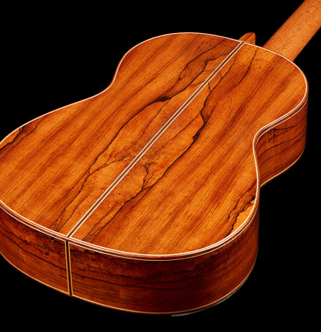 The back and sides of a 2010 Jochen Rothel classical guitar made of spruce and African rosewood