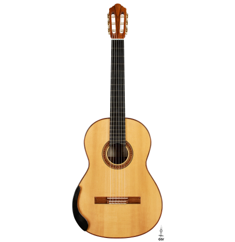 The front of a 2010 Jochen Rothel classical guitar made of spruce and African rosewood