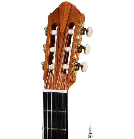 The headstock of a 2010 Jochen Rothel classical guitar made of spruce and African rosewood