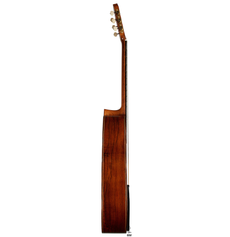 The side of a 2010 Jochen Rothel classical guitar made of spruce and African rosewood