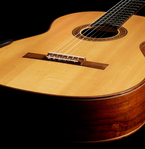 The top and sides of a 2010 Jochen Rothel classical guitar made of spruce and African rosewood