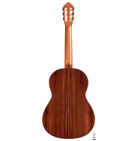 The back of a 2023 Jochen Rothel classical guitar made with cedar top and African rosewood back and sides on a white background