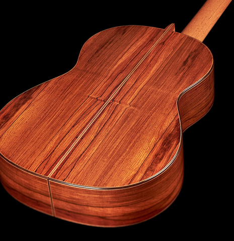 The back and sides of a 2023 Jochen Rothel classical guitar made with cedar top and African rosewood back and sides
