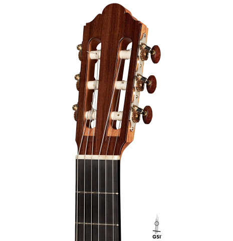 The headstock of a 2023 Jochen Rothel classical guitar made with cedar top and African rosewood back and sides on a white background