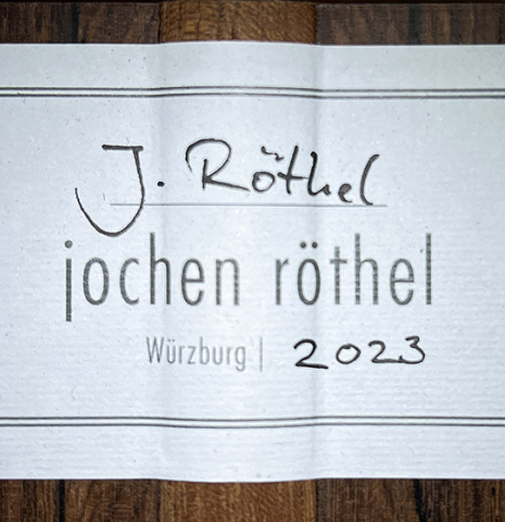 The label of a 2023 Jochen Rothel classical guitar made with cedar top and African rosewood back and sides