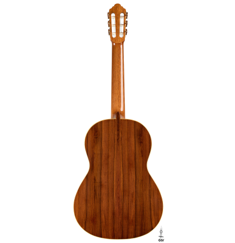 The back of a 2026 Jochen Röthel classical guitar made of cedar and African rosewood