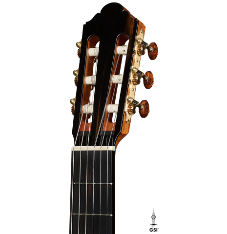 The headstock of a 2026 Jochen Röthel classical guitar made of cedar and African rosewood