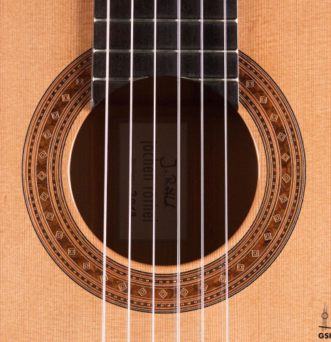 The rosette of a 2019 Jochen Rothel classical guitar made of cedar and cypress