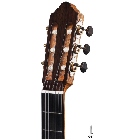 The headstock and machine heads of a 2019 Jochen Rothel classical guitar made of cedar and cypress