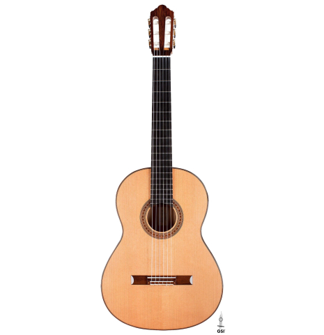 The front of a 2019 Jochen Rothel classical guitar made of cedar and cypress