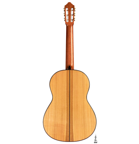 The back of a 2022 Jochen Rothel classical guitar made with spruce top and cherry back and sides