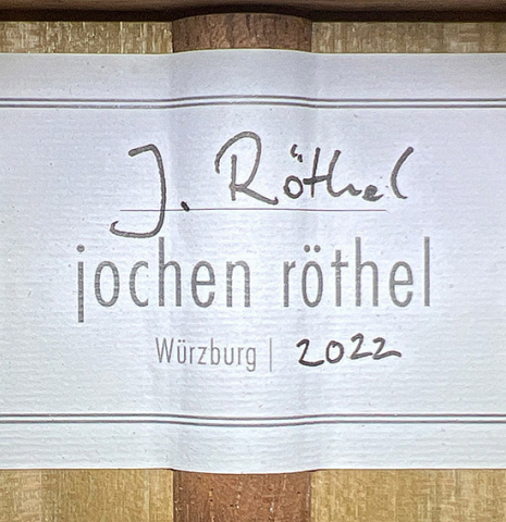 The label of a 2022 Jochen Rothel classical guitar made with spruce top and cherry back and sides