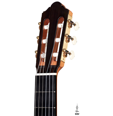 The headstock of a 2022 Jochen Rothel classical guitar made with spruce top and cherry back and sides