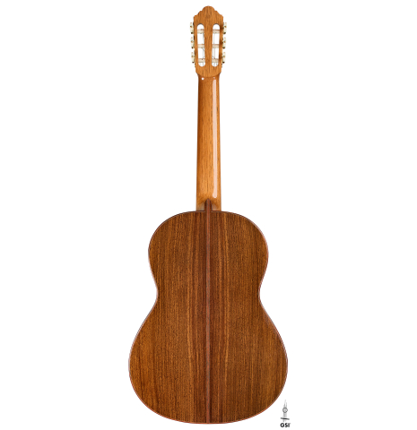 The back of a 2018 Jochen Röthel classical guitar made of spruce and Indian rosewood
