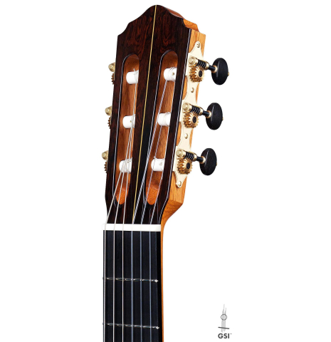 The headstock of a 2017 David Rouse classical guitar made of cedar and CSA rosewood