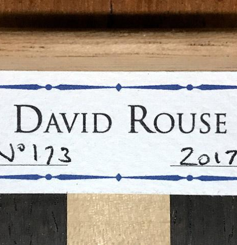 The label of a 2017 David Rouse classical guitar made of cedar and CSA rosewood