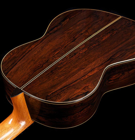 The back and sides of a 2017 David Rouse classical guitar made of cedar and CSA rosewood
