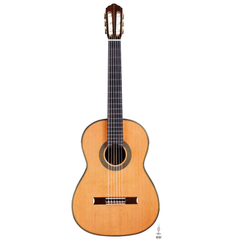 The front of a 2017 David Rouse classical guitar made of cedar and CSA rosewood